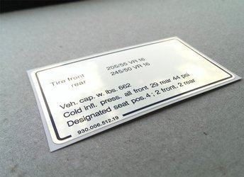 Tire pressure decal for G-model 3.2 & 3.3 Turbo (1987 – 1989)