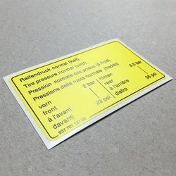 Tire pressure decal for 3.2, yellow (1984 – 1989)