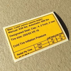 Tire pressure decal, 944 (1982 - 1988)